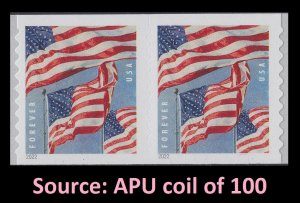 US Flags forever pair APU (2 stamps from coil of 100) MNH 2022