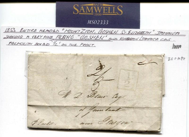 JAMAICA Cover 1833 Mount Zion ALBINO*GOSHEN* Transatlantic Scots ADD HALF MS2333