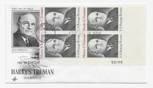 US 1499 8c Harry Truman (33rd President) pl# blk 4 FDC Artcraft Cachet ECV$12.50