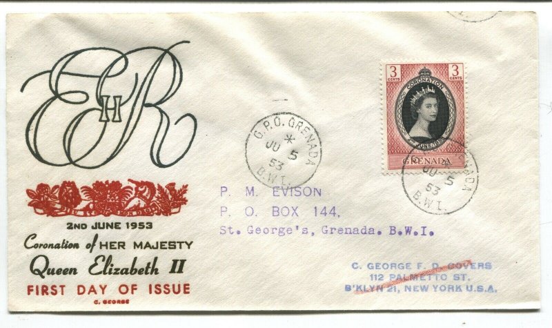 Grenada QEII 1953 cacheted Coronation cover posted 3 days after