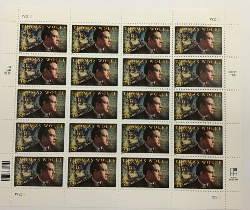 3444 Thomas Wolfe, Novelist  MNH  33¢ sheet of 20  FV $6.60  1999