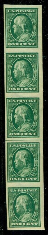 US #383v, 1¢ green, Imperf Strip of 5 w/Guide Line (not listed in Scott) NH, VF