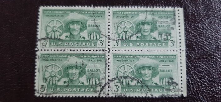 US Scott # 983; used 3c PR Farmer from 1949; block of 4; XF centering