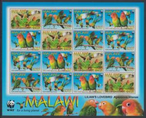 XG-BA522 MALAWI - Wwf, 2009 Lilian'S Lovebirds, 4 Sets MNH Sheet