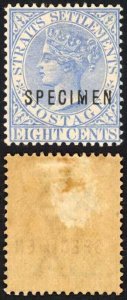 Straits Settlements SG101s 8c Ultramarine Opt Specimen M/M (hinge remainder)