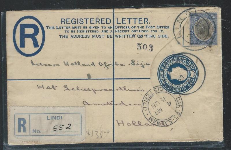 TANGANYIKA (P2609B)  KGV 30C RLE UPRATED 25C 1928 TO HOLLAND