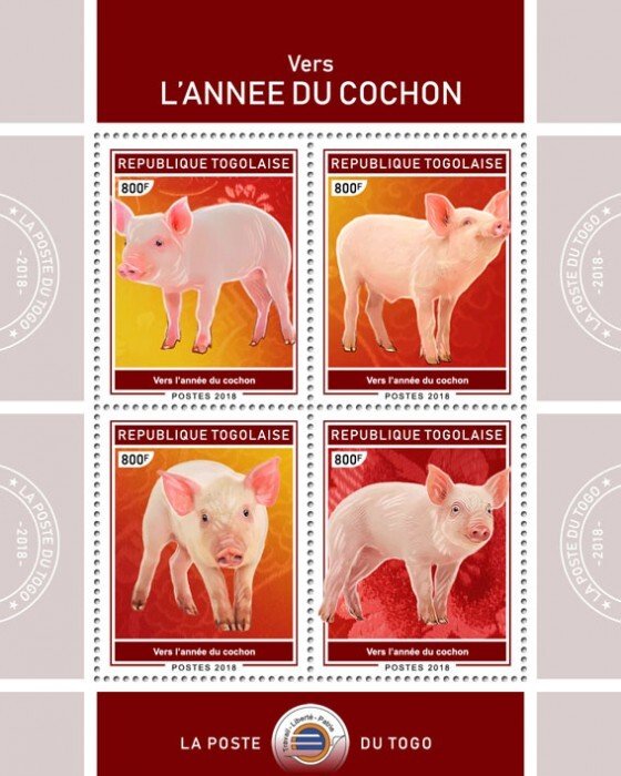 TOGO - 2018 - Year of the Pig #2 - Perf 4v Sheet - Mint Never Hinged