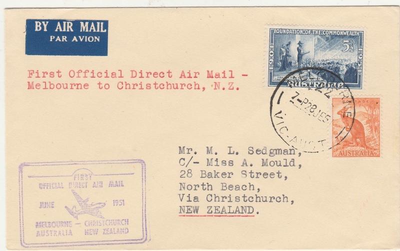 Australia 1951 1st Direct Airmail Cover Melbourne to Christchurch New Zealand Australia
