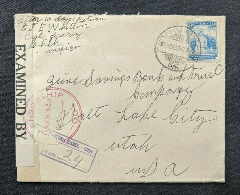 1942 Colonia Juarez Mexico Censorship Airmail Cover to Salt Lake City Utah USA