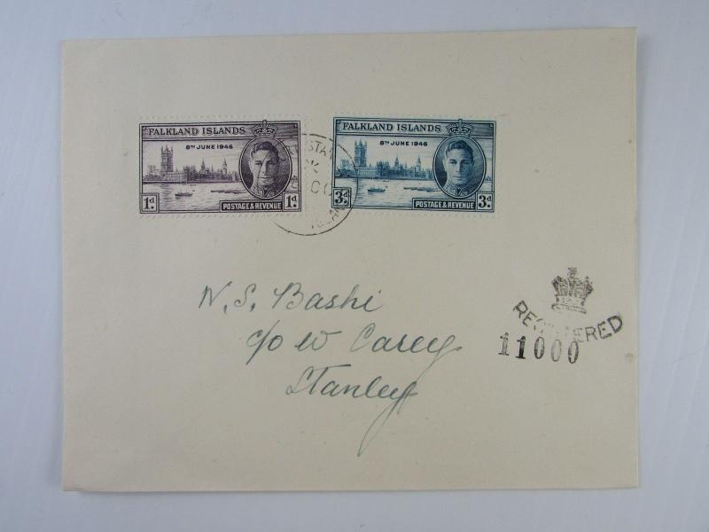 1946 Falkland Islands #97-98 Peace Issue Registered cover 11000 handstamp VF