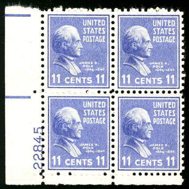 US #816 PLATE BLOCK, SUPERB mint never hinged, 11c Polk,   Deep rich color, p...