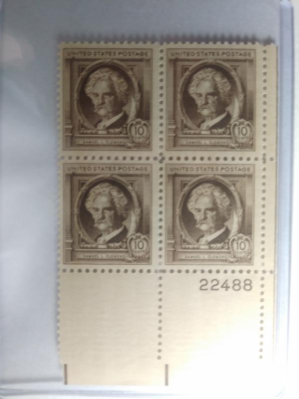 SCOTT # 863 MINT NEVER HINGED 10 CENT FAMOUS AMERICAN SAM CLEMENS PLATE BLOCK