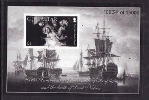 Gibraltar-Sc#1027-unused NH sheet-Black print-Ships-Battle of Trafalgar-Nelson-2