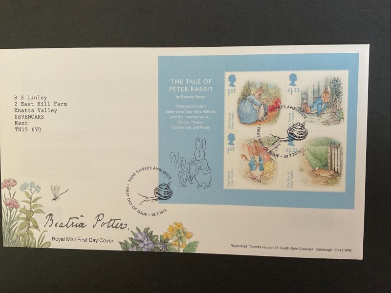 2016 Beatrix Potter M/Sheet on First Day Cover with Near Sawrey, Ambleside S/H/S