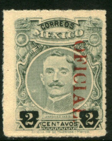 MEXICO O156, 2¢ OFFICIAL. UNUSED, HINGED, ORIGINAL GUM. VF.