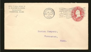 USA SC#U406 PM 1908 Worcester MASS Cover Used