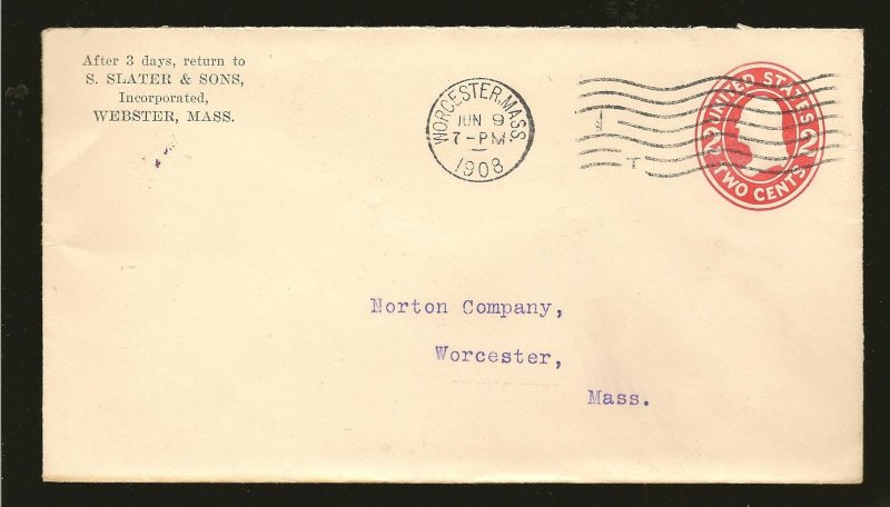 USA SC#U406 PM 1908 Worcester MASS Cover Used