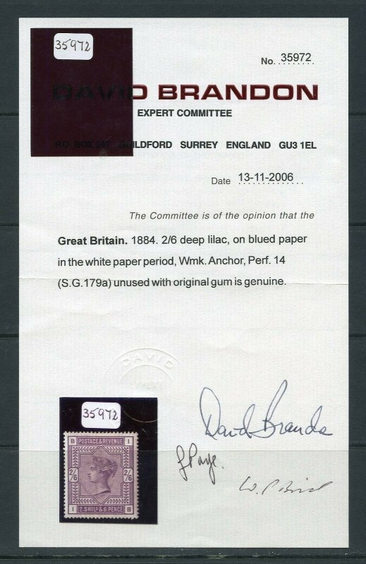 GREAT BRITAIN 2/6 VICTORIA  SC#96a & VARIETY, SG#179a 2006 BRANDON CERT MINT LH