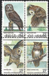 United States #1760-1763 4x15¢ American Owls (1978). Used.
