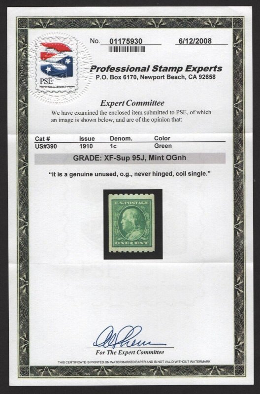 SCOTT #390 - MINT - XF/Superb-95J - OGnh w/PSE Cert. - SMQ $240  (LB 5/22/23)