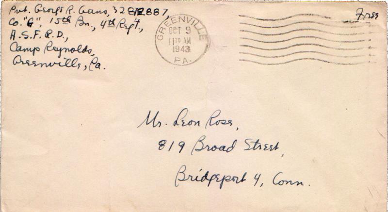 United States Pennsylvania Greenville 1943 machine  Soldier's Free Mail  Insc...