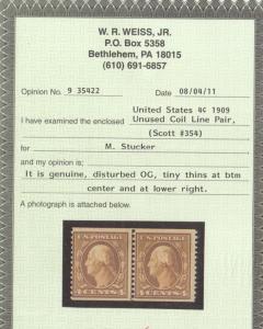 USA #354 Mint Line Pair **With Certificate**