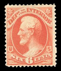 United States, Officials #O18 Cat$70, 1873 Interior, 6c vermilion, hinged