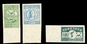 Korea #119-121, 1950 Syngman Rhee, imperf. set of three, without gum as issued