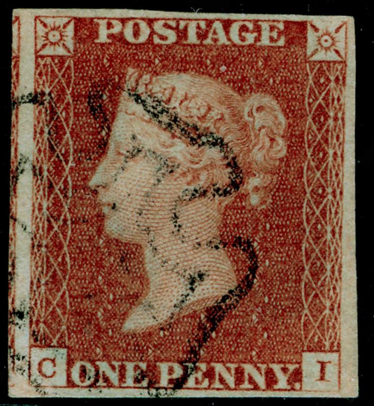 SG8, 1d red-brown PLATE 27, USED. Cat £60. 4 MARGINS. CI