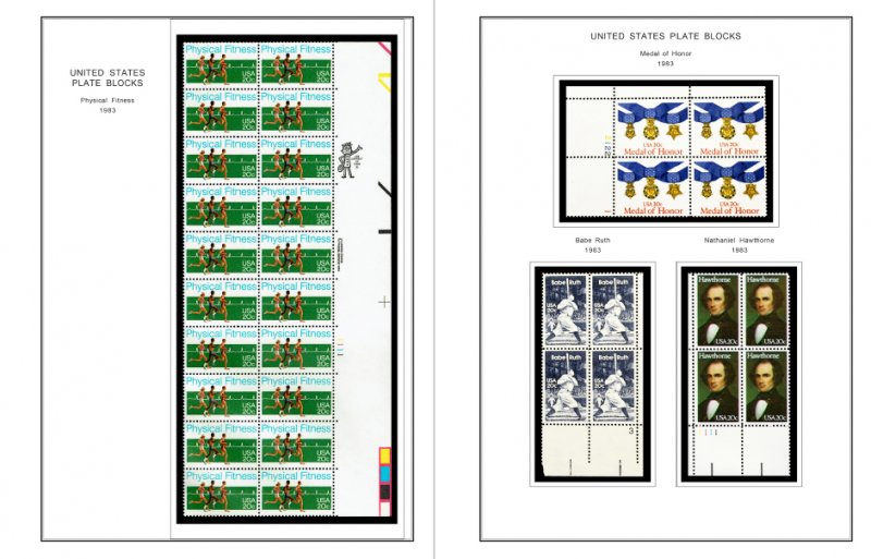 COLOR PRINTED US PLATE BLOCKS 1980-1989 STAMP ALBUM PAGES (104 illustr. pages)
