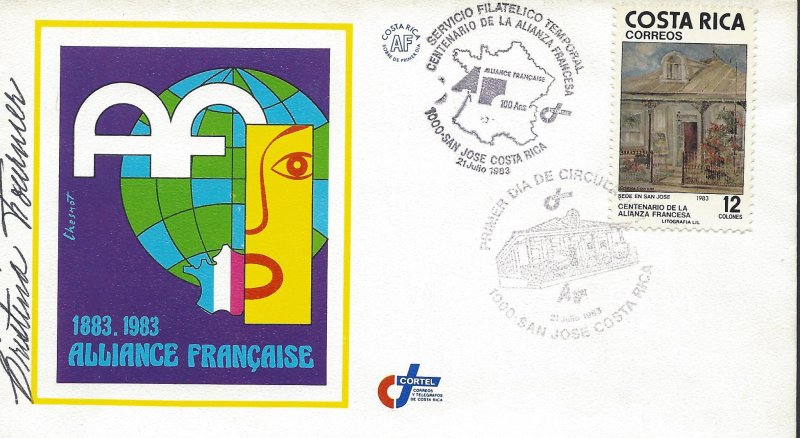 COSTA RICA FRENCH ALLIANCE CENTENARY,SIGNED, Sc 282 FDC 1983