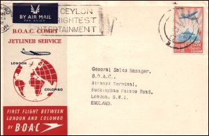 Ceylon Colombo to London 1962 1st Flight Cover