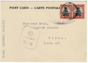 K.U.T. 1943 Lushoto cancel on post card to Tanga, 2 rare censor handstamps