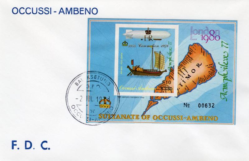 Timor (Ocussi-Ambeno) 1978 Coronation $10 SS Imperforated  FDC  ovpt.Gold