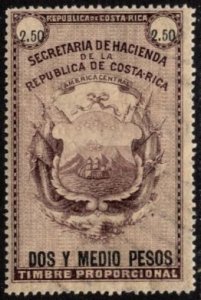 1882 Costa Rica Revenue 2.50 Pesos Coats of Arms General Tax Duty Unused