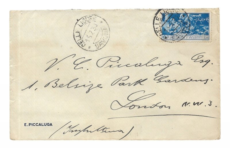 IT-41 ITALY 1930 LETTER CELLI LIGURE-LONDON UK FERRUCCI SS 279 1,25L ALONE