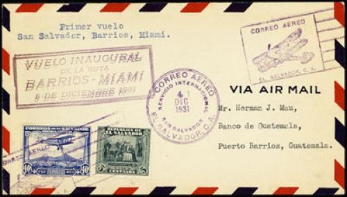 San Salvador 1931 Cover Airmail 1st Flight to Barrios!!