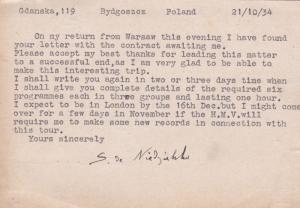 Poland 1934 E.Niedzielski Musician Bydgoszcz to London typed Postcard VGC