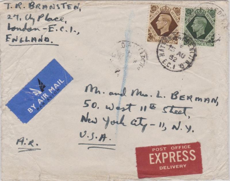 Great Britain 1/- and 9d KGVI 1952 Hatton Garden B.O. E.C. 1 Registered Speci...