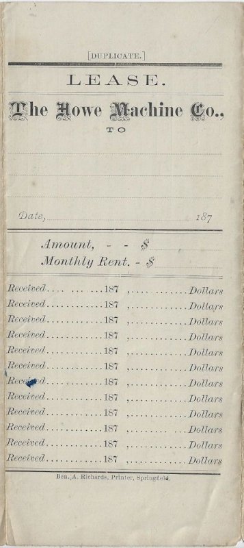 1872 - Lease for a Howe Sewing Machine - Ephemera 1058