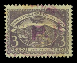 COLOMBIA 1921 AIRMAIL - SCADTA - PANAMA P handstamp 3p violet Sc# CLP10 used R