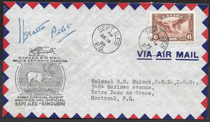 Doyle's_Stamps: Canada Post History: Sept Iles-Rimouski 1st Flight Cover w/Signa