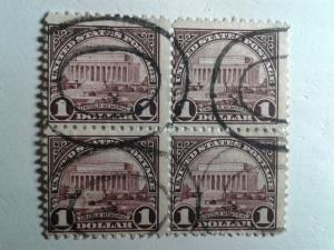 SCOTT # 571 $ 1.00 USED DESIREABLE BLOCK OF 4 REGULAR ISSUE  1922