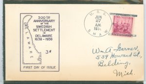 US 836 1938 3c 300th anniversary of Swedish settlement in Delaware (single) on an addressed first day cover with an unknown cach