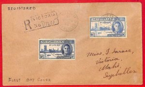 aa3811 - SEYCHELLES - POSTAL HISTORY  - Registered FDC COVER  1946 Royalty