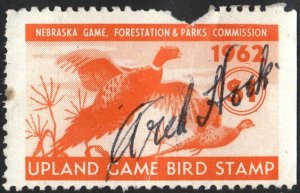 Nebraska Wooten #5 Upland Game Bird Stamp (1962) Signed/Fault/Spacefiller