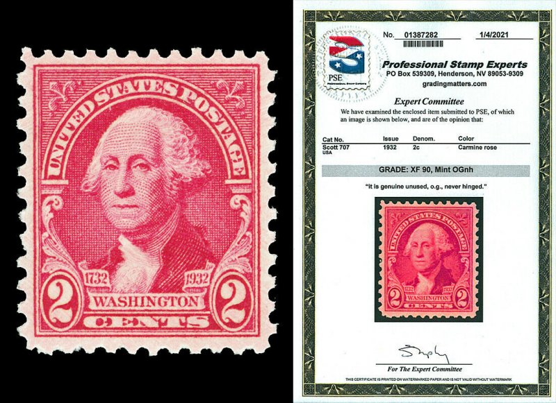 Scott 707 1932 2c Washington Issue Mint Graded XF 90 NH with PSE CERTIFICATE!