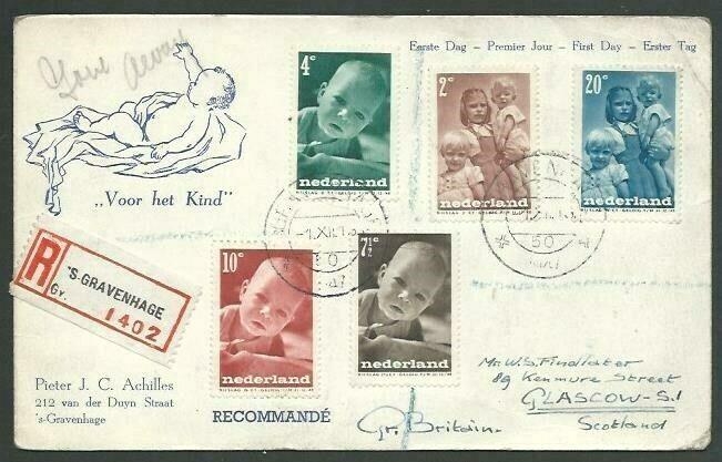 NETHERLANDS 1947 Children's charity registered First Day postcard to UK....58511