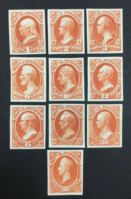 momen: US Stamps #O15P3-O24P3 PLATE PROOF ON INDIA XF LOT #75413