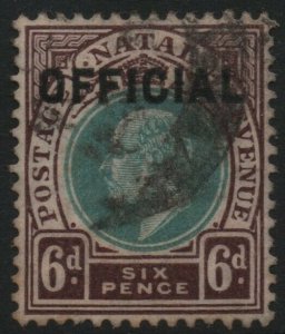 NATAL-1904 6d Green & Brown-Purple Official Sg O5 GOOD USED V39309